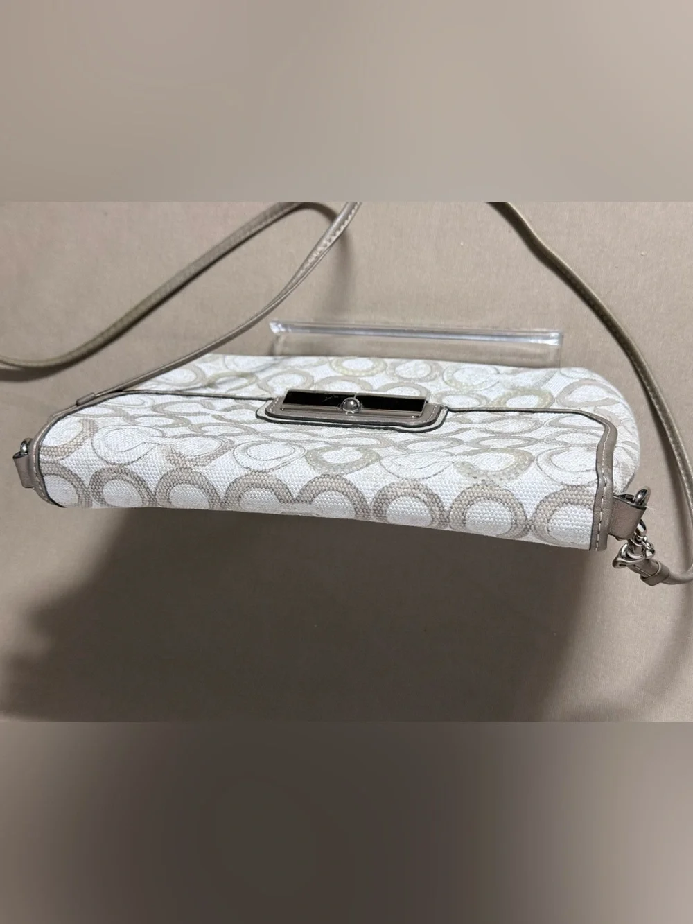 Coach White and Taupe Signature Crossbody with Metallic Accent